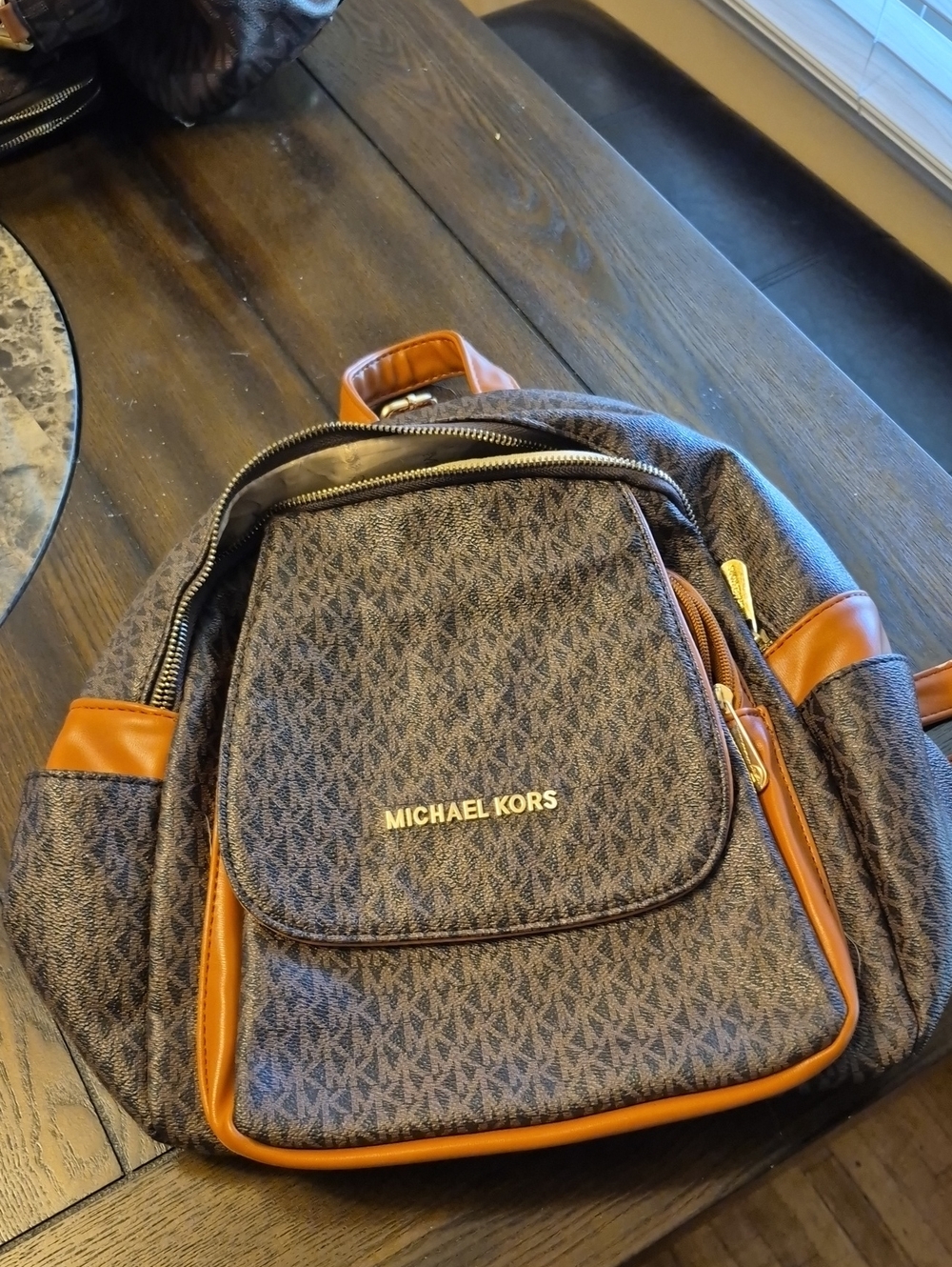 Michael Kors Brown MK Logo Backpack with Tan Trim